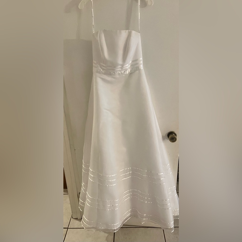 David’s Bridal white strapless gown